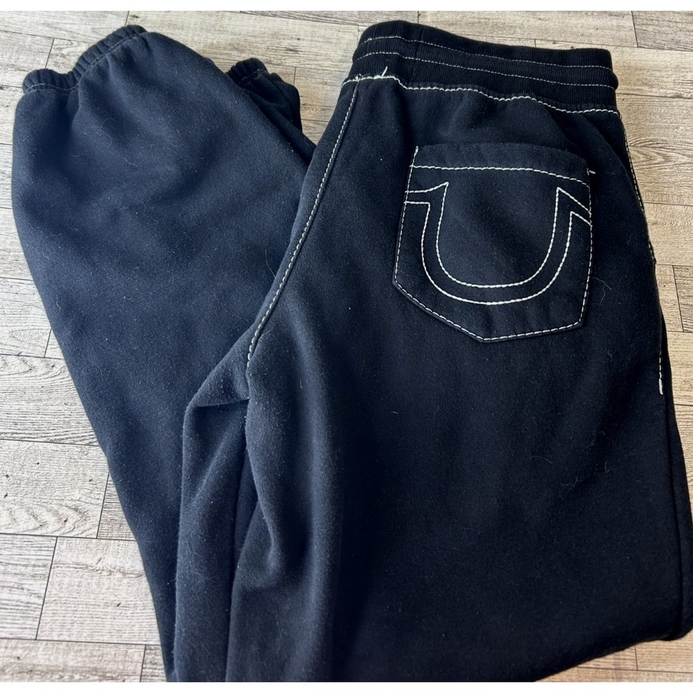 True Religion Sweatpants MEDIUM Black White Big T Contrast Stitch Joggers Y2K